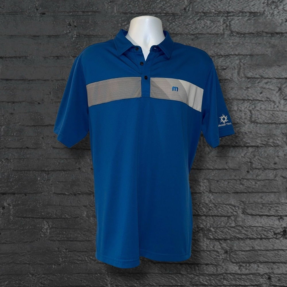 TravisMathew Golf Polo Blue Stripe Spanish Trail Las Vegas Logo Men’s Large